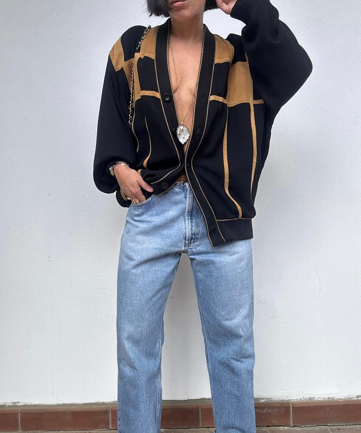 Cardigan vintage in lana e camoscio