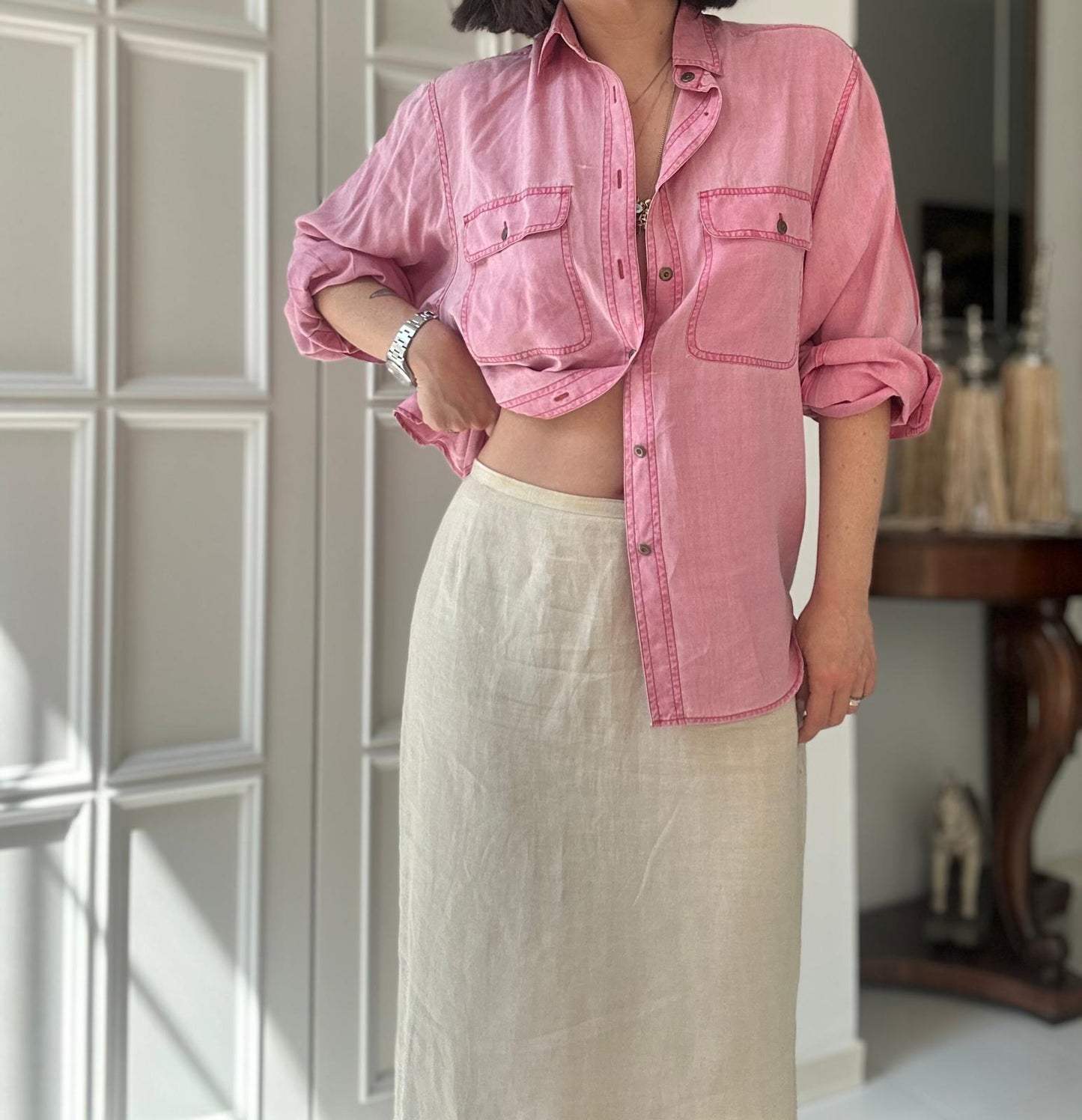 Camicia in pura seta rosa