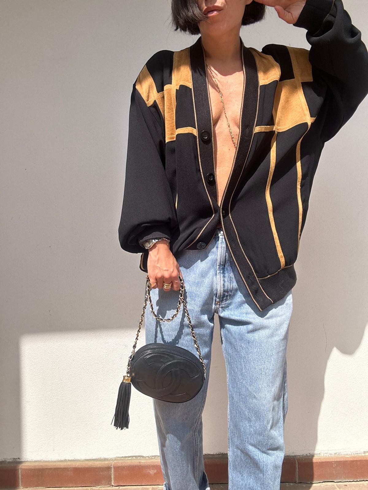 Cardigan vintage in lana e camoscio