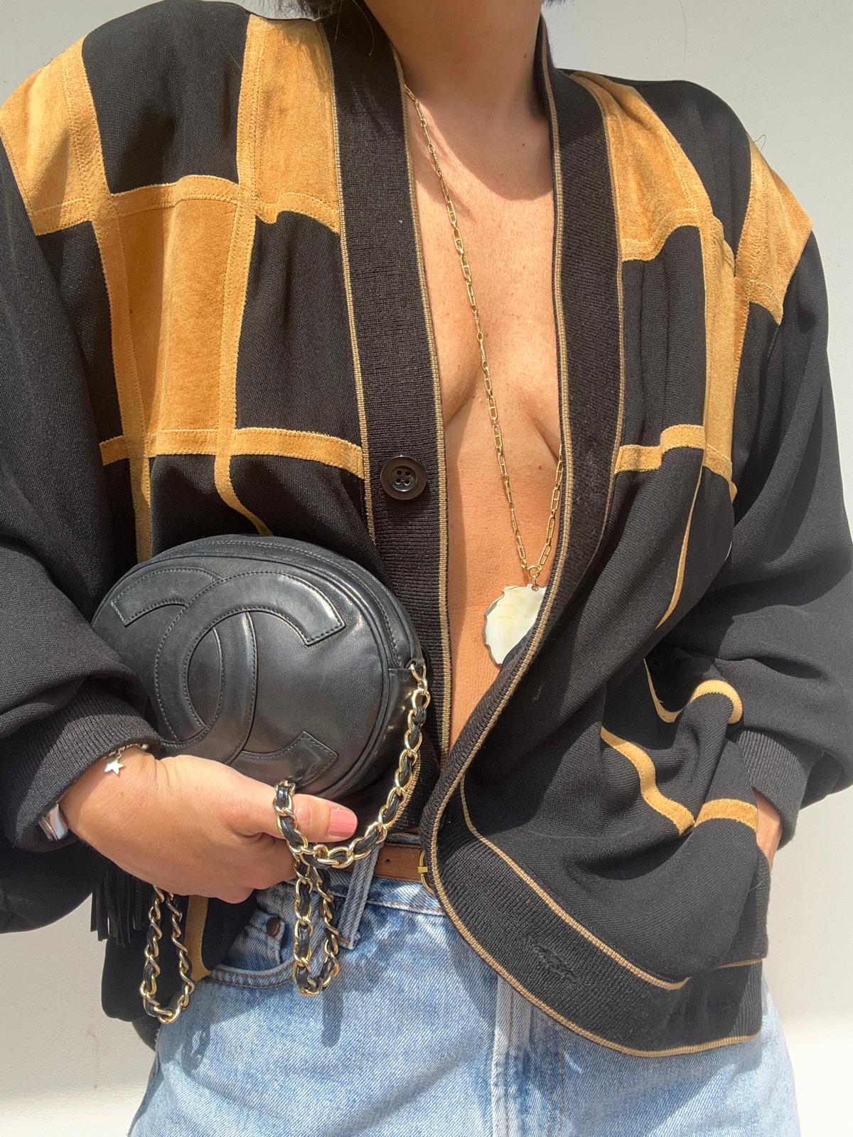 Cardigan vintage in lana e camoscio